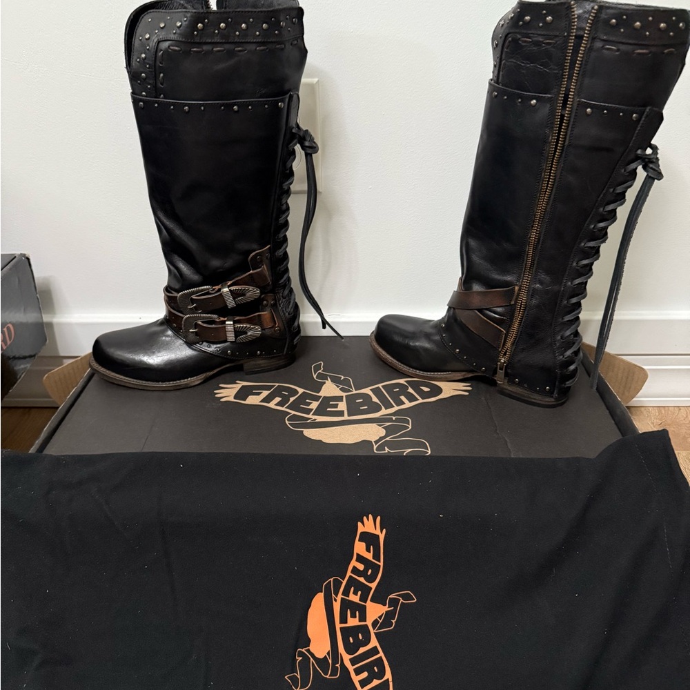 Freebird Black Leather Boots with Buckle Accents